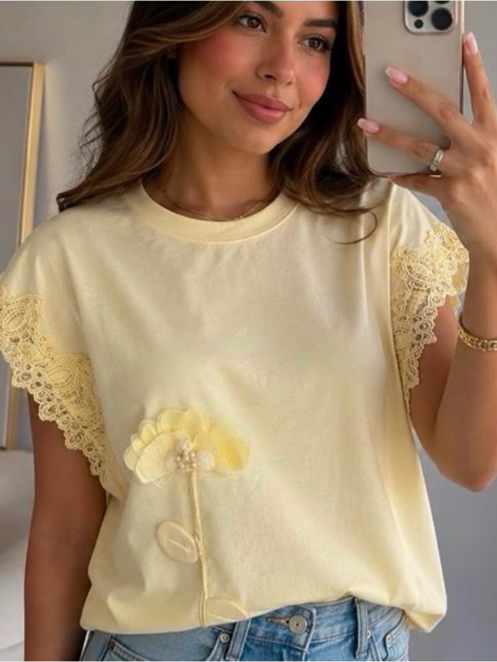 Yellow Lace-Sleeve Floral Appliqué Women's Top